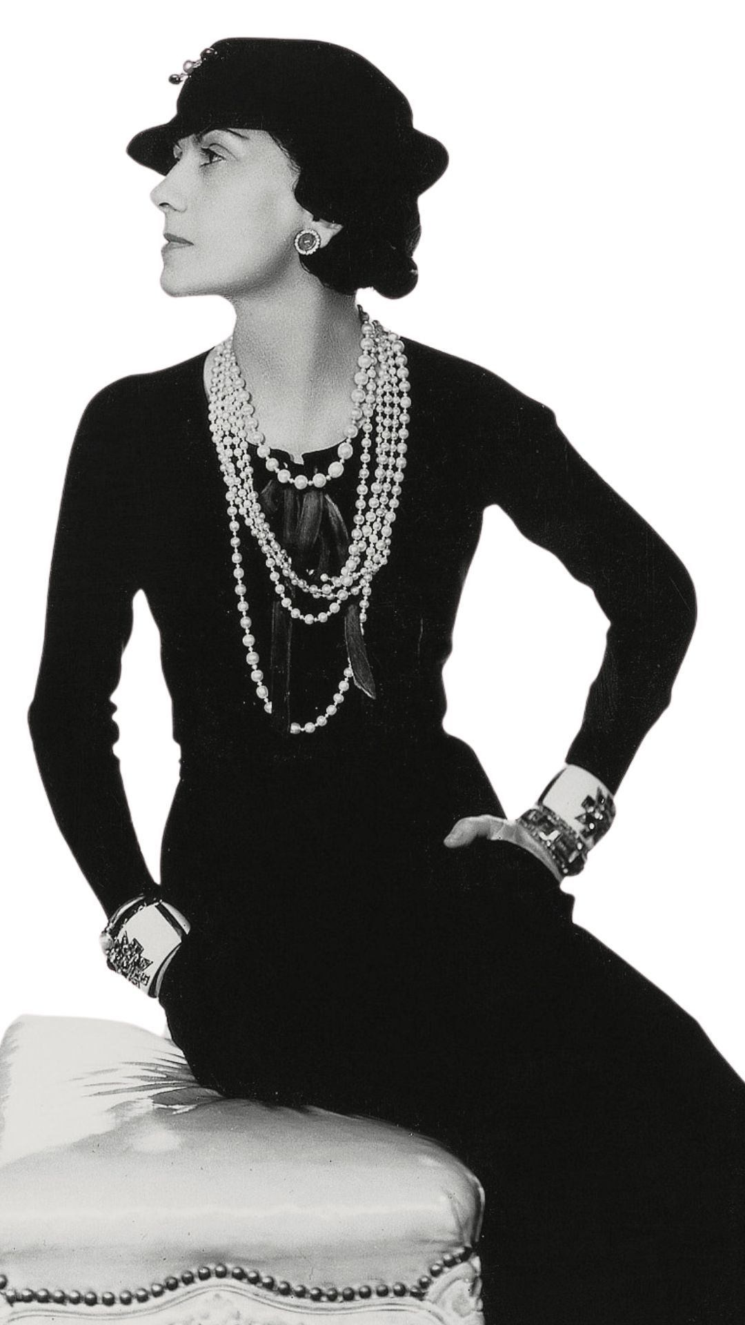 black and white headshot of Coco Chanel