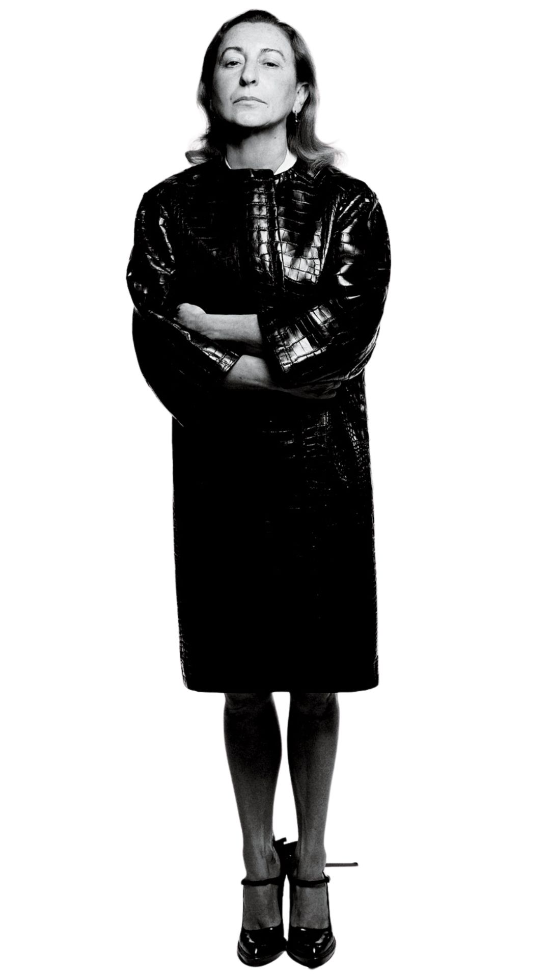 black and white headshot of Miuccia Prada